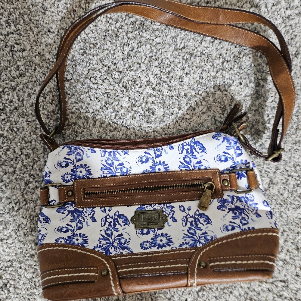 boc White and Blue Floral Crossbody Bag with Brown Accents
